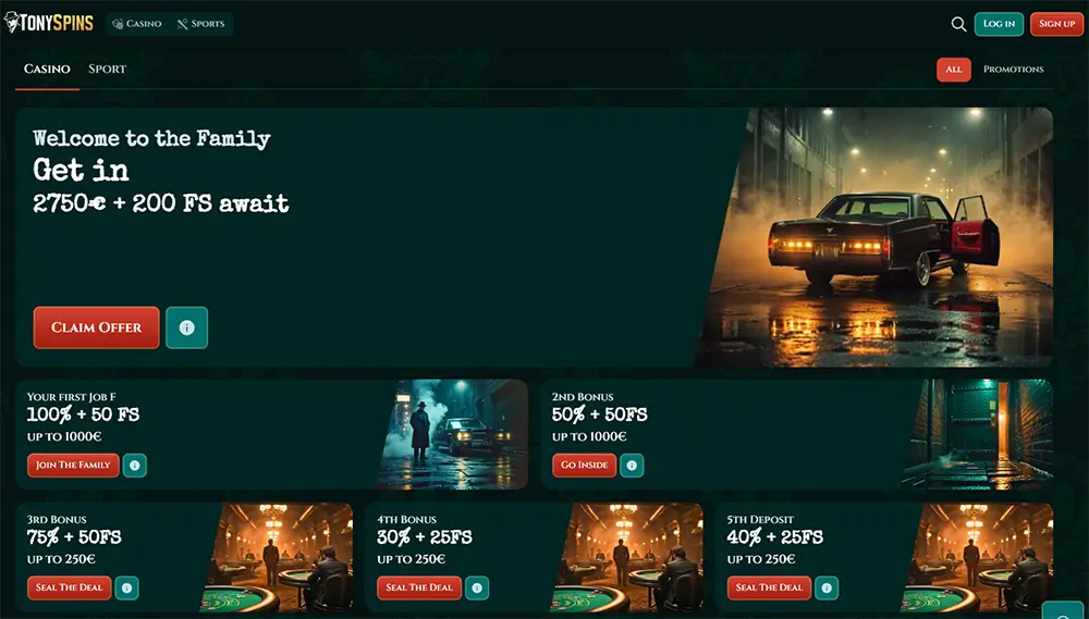 TonySpins Casino bonuspagina met vijf stortingsbonussen: 100% tot €1000 + 50 FS, 50% tot €1000 + 50 FS, 75% + 50 FS, 30% + 25 FS en 40% + 25 FS