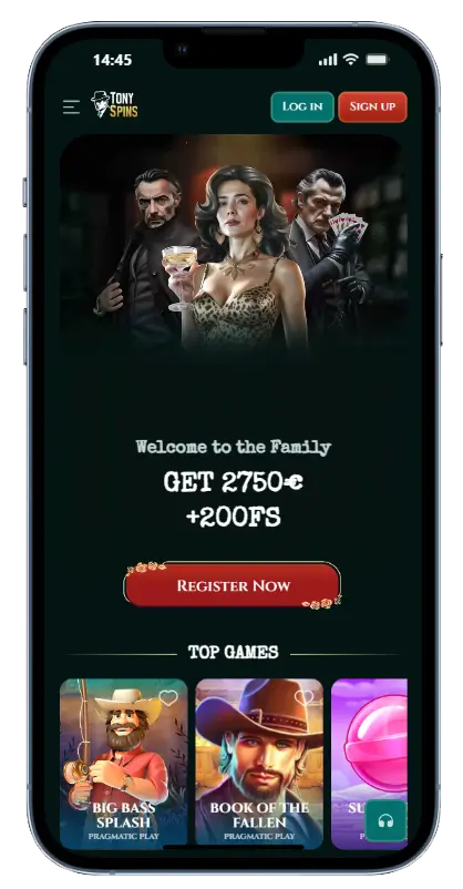 TonySpins Casino mobiele app op een smartphone met een welkomstbonus van 2750€ en 200 gratis spins, met topspelen zoals Big Bass Splash en Book of the Fallen