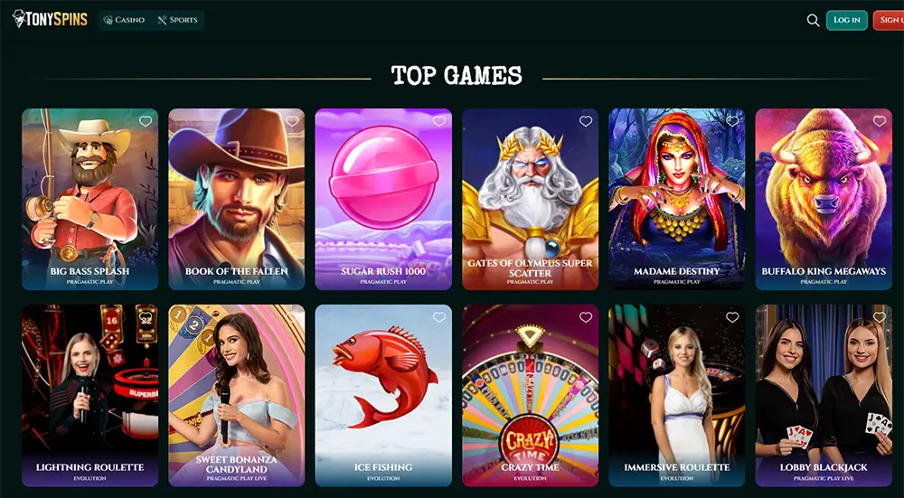 TonySpins Casino topspelen sectie met populaire slots zoals Gates of Olympus, Sugar Rush 1000, Buffalo King Megaways en live casinospelen zoals Crazy Time en Lightning Roulette