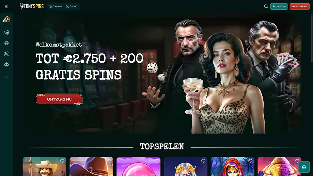 TonySpins Casino welkomstpagina met een welkomstpakket van tot €2.750 en 200 gratis spins, met drie mysterieuze personages en een roulette op de achtergrond